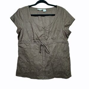 Tweeds 100% Linen Floral Embroidered Brown Button-Front Short Sleeve Blouse Sz L